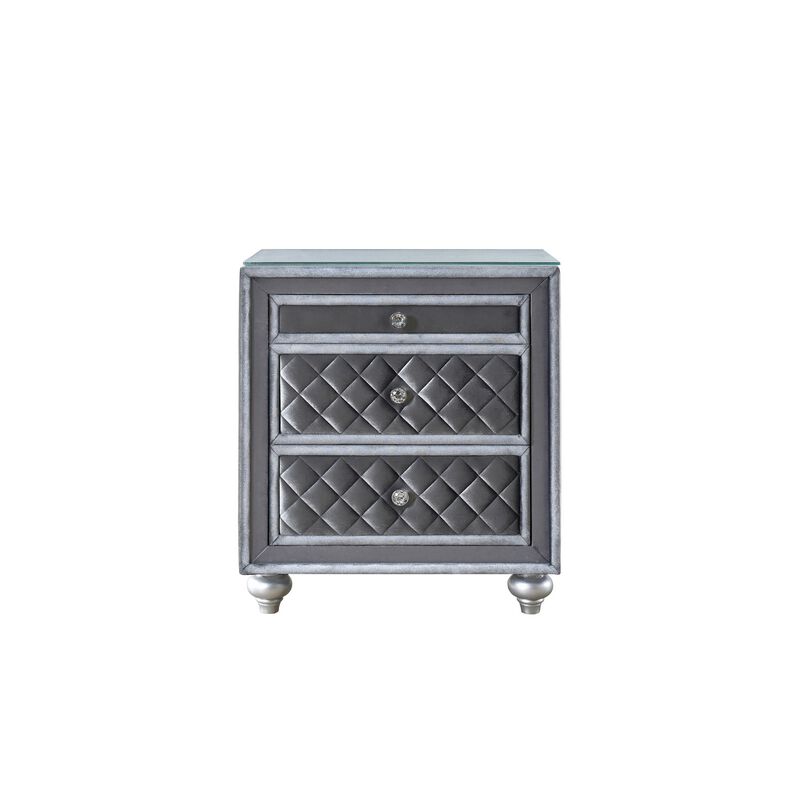 Yin 30 Inch 3 Drawer Nightstand, Glass Top, Crystal Knobs, Gray Velvet-Benzara
