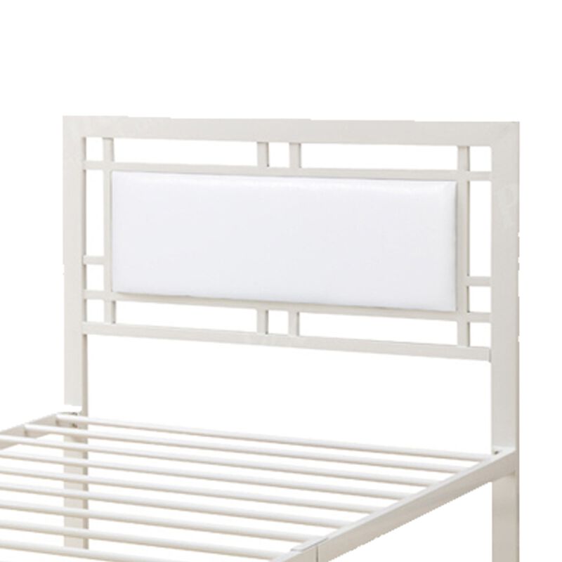 Metal Frame Twin Bed With Leather Upholstered Headboard White