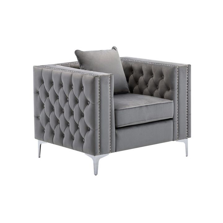 Joni 40 Inch Armchair, Chesterfield Design, Button Tufting, Gray Velvet-Benzara