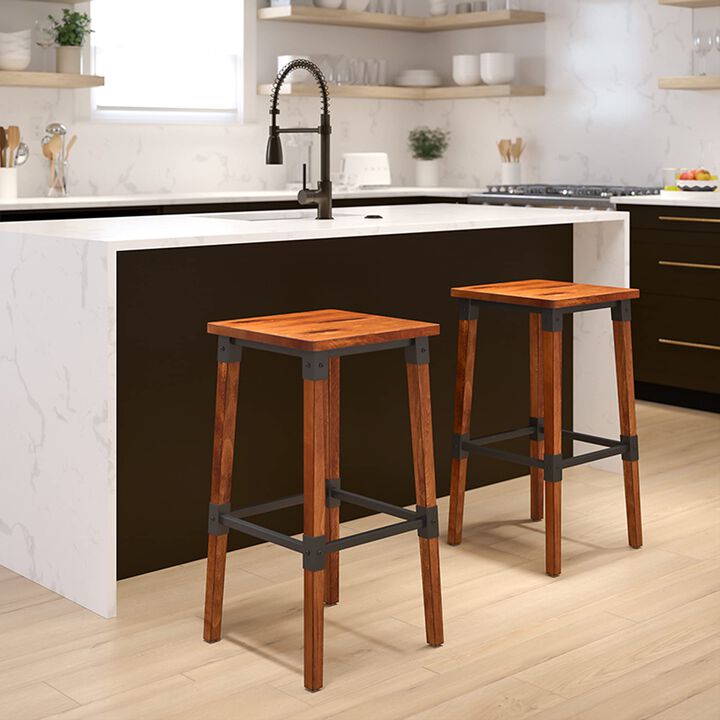 Flash Furniture Jackson 2 Pack Rustic Antique Walnut Industrial Wood Dining Backless Barstool