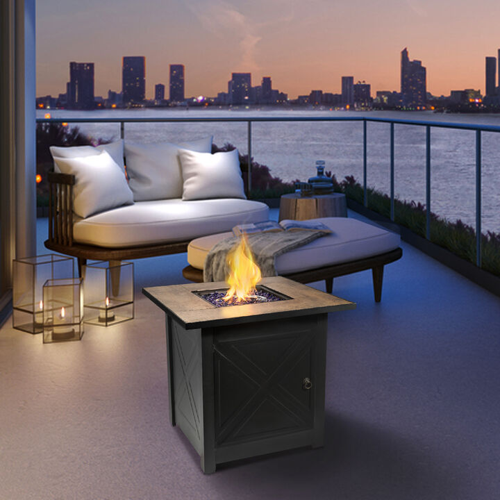 Teamson Home Outdoor Square 30" Propane Ceramic Gas Fire Pit with Steel Base, Black/Stone