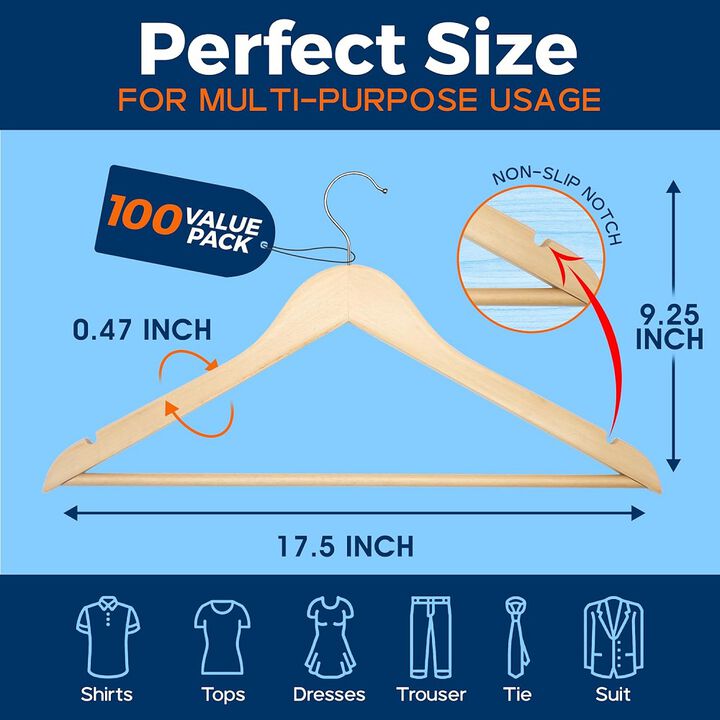 Wooden Clothes Hangers - 100 Pack, Durable, Non-Slip, Space-Saving Hangers for Dresses, Coats, and More, Holds Up to 10 lbs with 360° Swivel Hook, Natural Finish