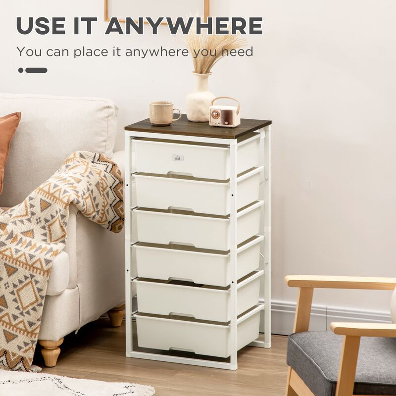 White Bedroom Storage: 6-Drawer Chest with Steel Frame