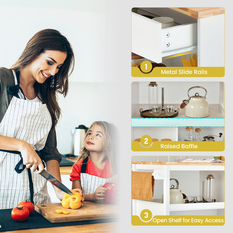 Kitchen Island Trolley Cart on Wheels with Storage Open Shelves and Drawer-White
