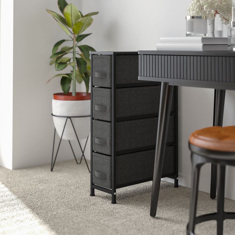 Flash Furniture Harris 4 Drawer Slim Wood Top Black Cast Iron Frame Dresser Storage Tower with Dark Gray Easy Pull Fabric Drawers