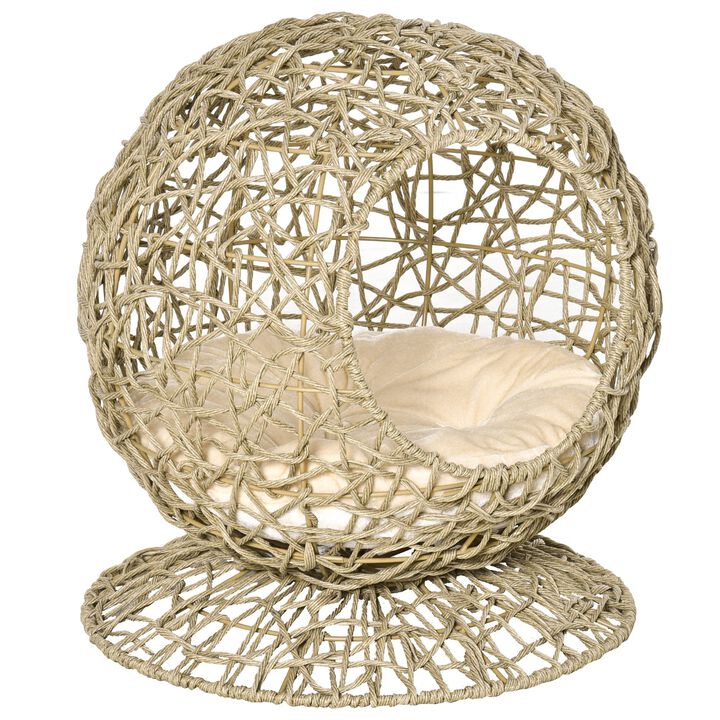 Brown Kitty Haven: Elevated Wicker Cat Bed with Soft Cushion