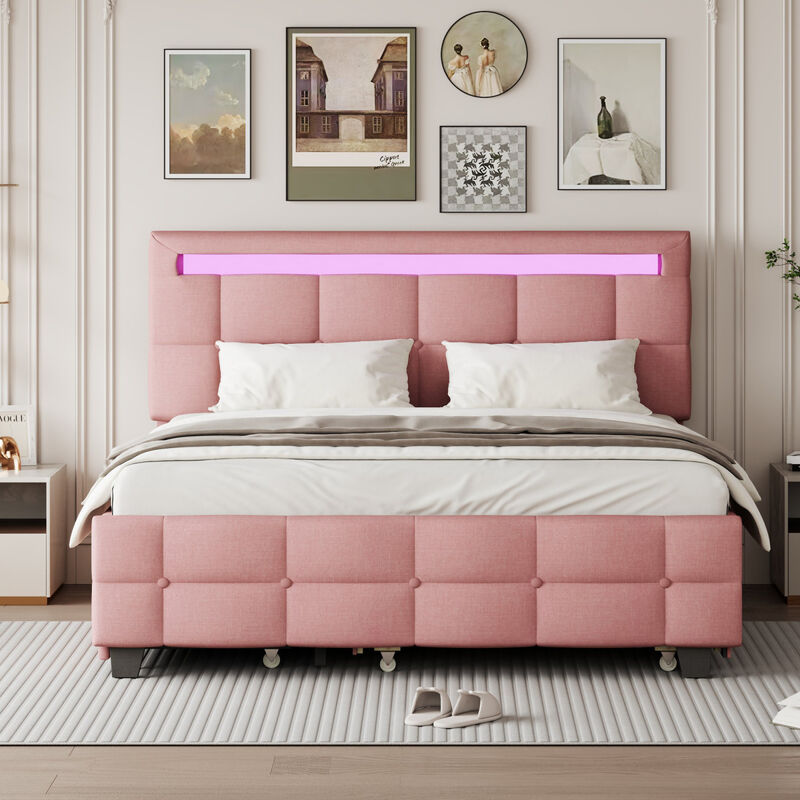 Upholstered Queen Platform Bed with LED Frame & Trundle