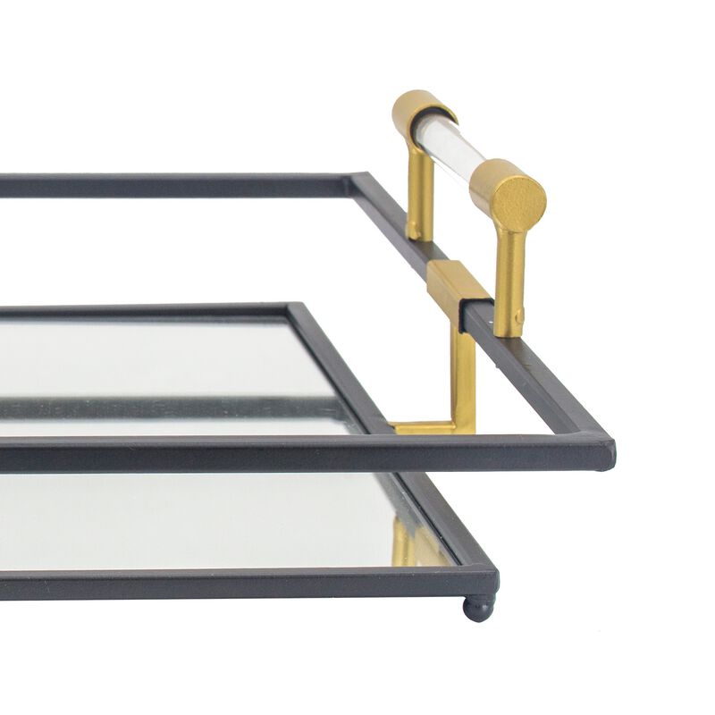 21, 27 Inch Set of 2 Decorative Trays with Mirror, Modern Frame, Gold, Black-Benzara