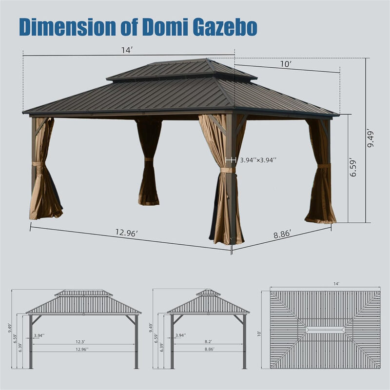 MONDAWE 10 x 14ft Outdoor Hardtop Gazebo, Aluminum Metal Galvanized Steel Double Roof Gazebo with Curtain and Netting for Party, Wedding, Outdoor Dining, Brown