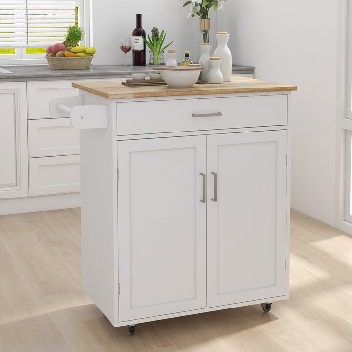 White Wood 32.68 in. Kitchen Island with Towel Rack and Adjustable Shelves