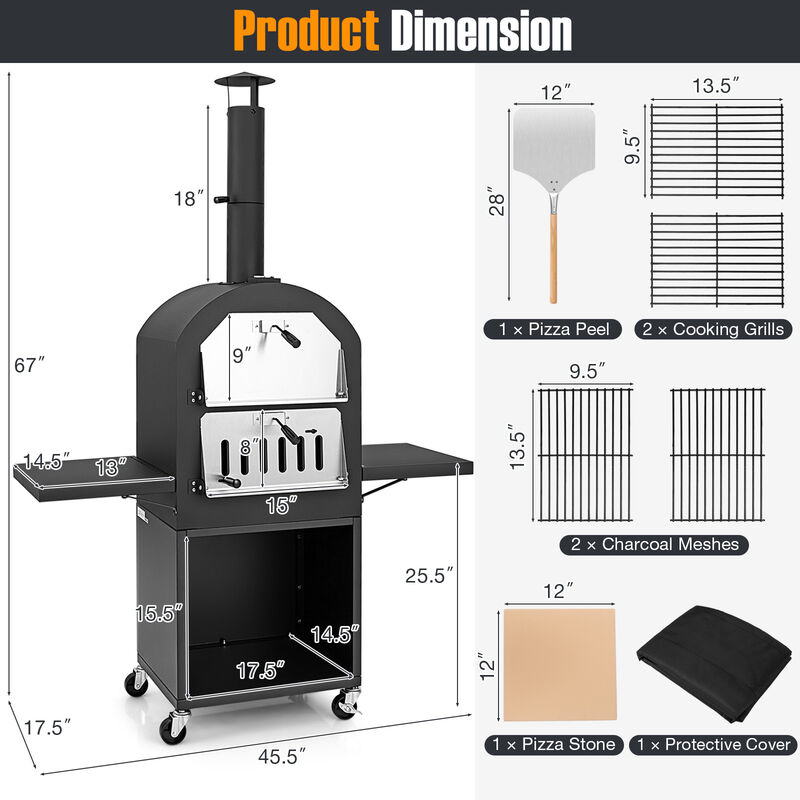 Outdoor Pizza Oven with Protective Cover, Grill Racks, and Built-in Thermometer
