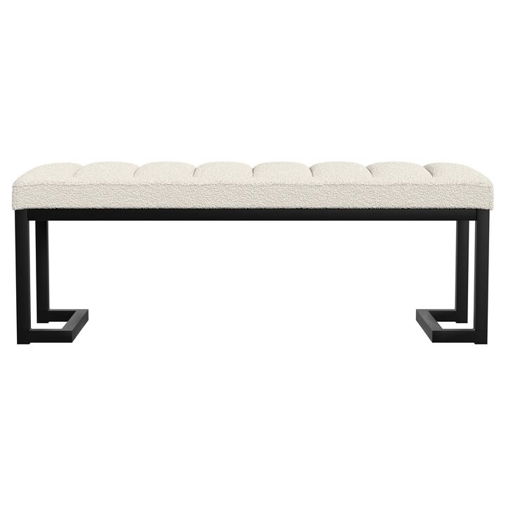 Mezza Accent Bench, Tufted Ivory Boucle Fabric, Black Metal, 48 Inch - Benzara