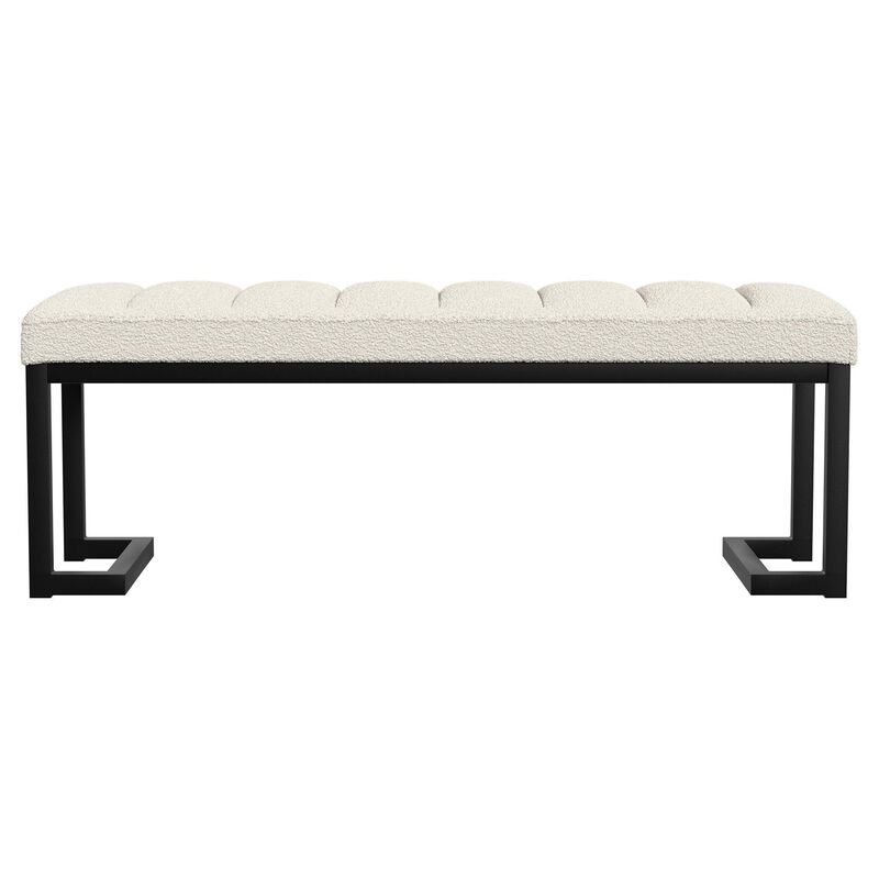Mezza Accent Bench, Tufted Ivory Boucle Fabric, Black Metal, 48 Inch - Benzara