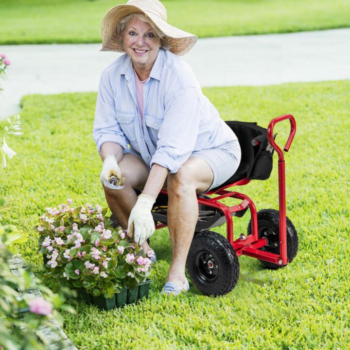 Hivvago Cushioned Rolling Garden Cart Scooter with Storage Basket and Tool Pouch-Black & Red