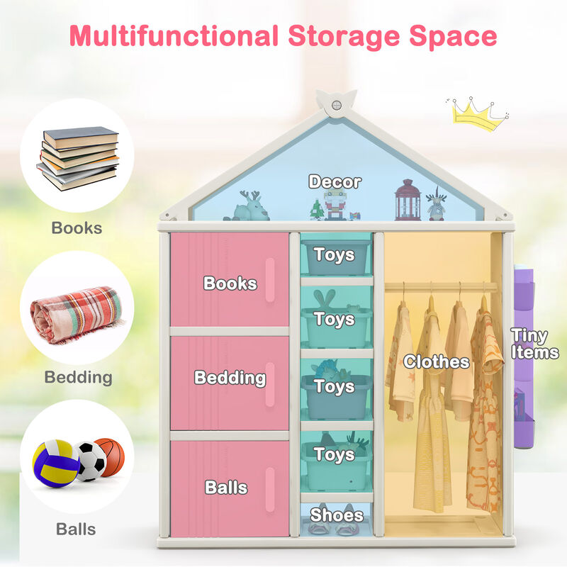 Kids Costume Storage Closet with Storage Bins and Shelves and Side Baskets for Kids Room