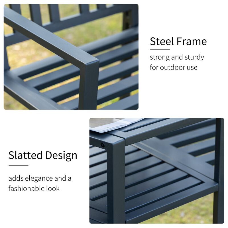 Metal Garden Seating: Loveseat Bench with Table and Umbrella Hole
