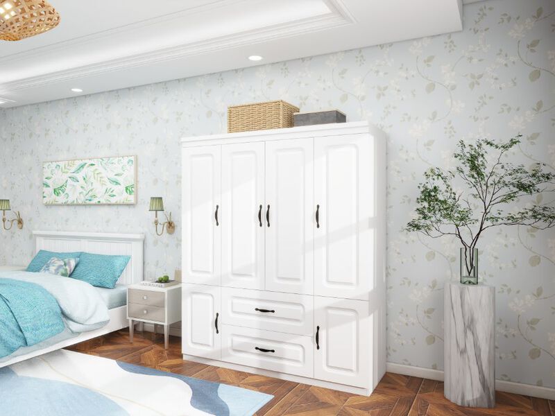 Wooden Armoire Wardrobe Closet White Large Capacity Storage 74" Tall Clothes Cabinet with 4 Doors, 2 Drawers, 2 Hanging Rods and Shelves for Bedroom Armoire