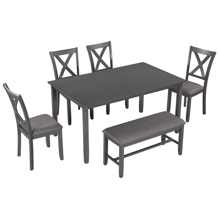 6-Piece Kitchen Dining Table Set Wooden Rectangular Dining Table, 4 Fabric Chairs And Bench