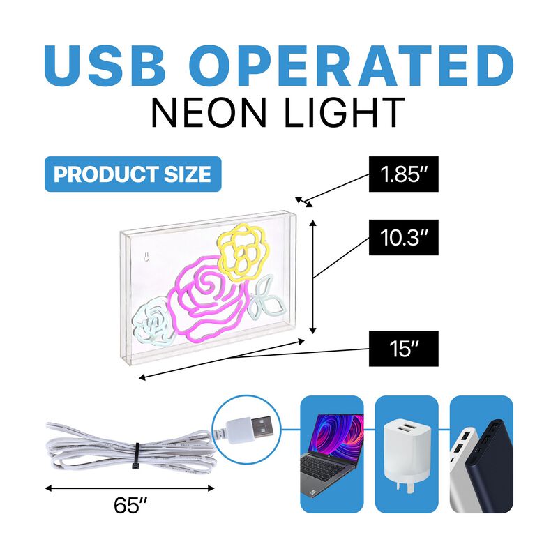 Crowd Of Roses 15" X 10.3" Contemporary Glam Acrylic Box USB Operated LED Neon Light