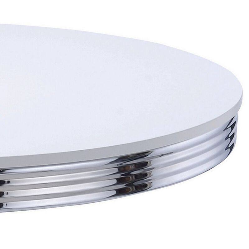 Loy 42 Inch Round Dining Table, Glossy White Wood Top, Ribbed Chrome Apron - Benzara