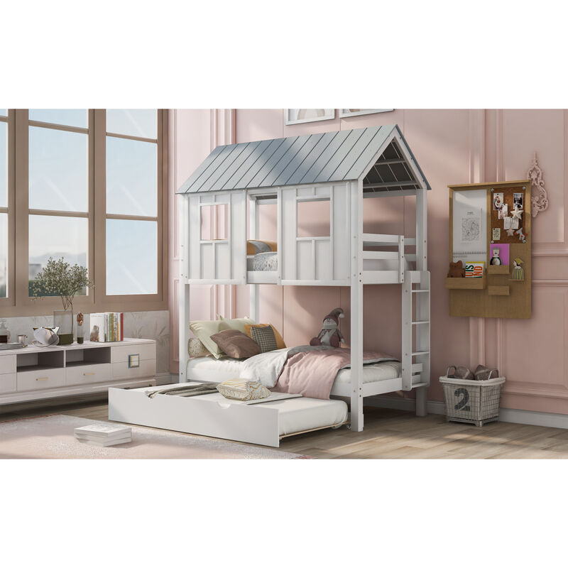House Bunk Bed With Trundle, Roof And Windows Twin