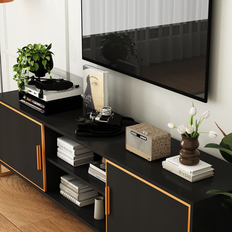 FUFU&GAGA Modern Black TV Stand with Gold Trim, Metal Handles & Base – Entertainment Center for TVs up to 75" (70.9"W x 15.7"D x 20.9"H), Black