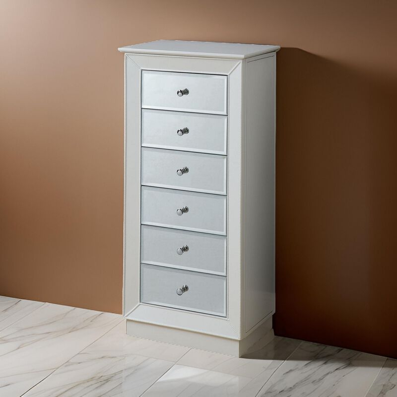 Wood Jewelry Armoire Having 6 Drawers with Mirror Front, White-Benzara