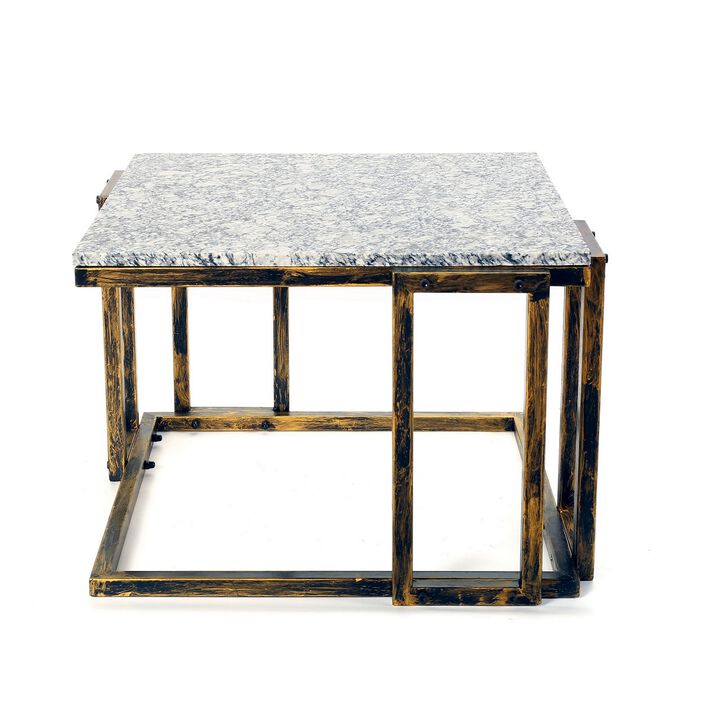 22 Inch Granite Top Plant Stand, Cast Iron Frame, Gray, Black, Gold-Benzara