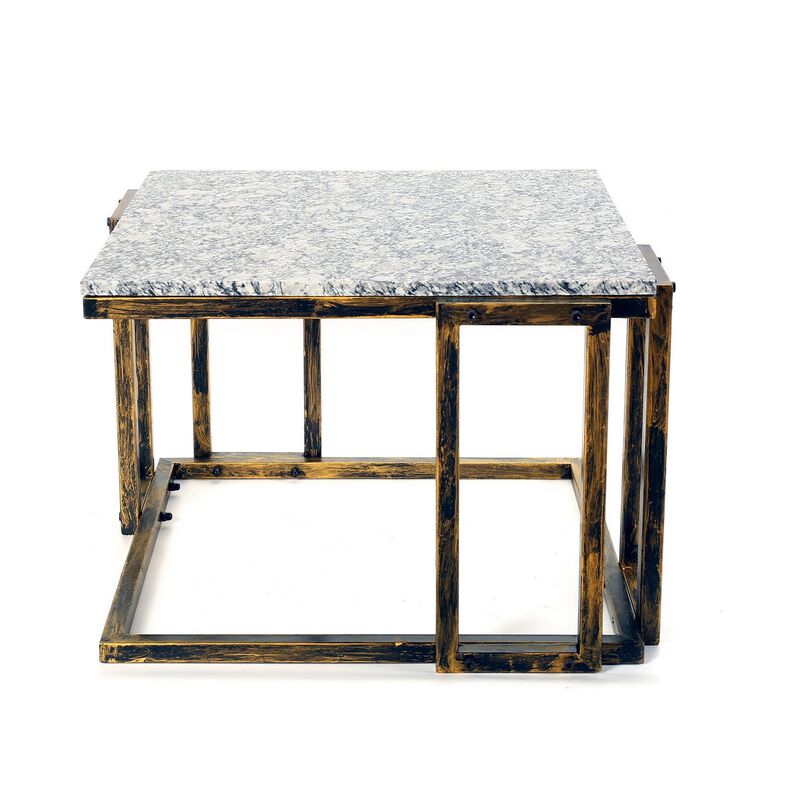 22 Inch Granite Top Plant Stand, Cast Iron Frame, Gray, Black, Gold-Benzara