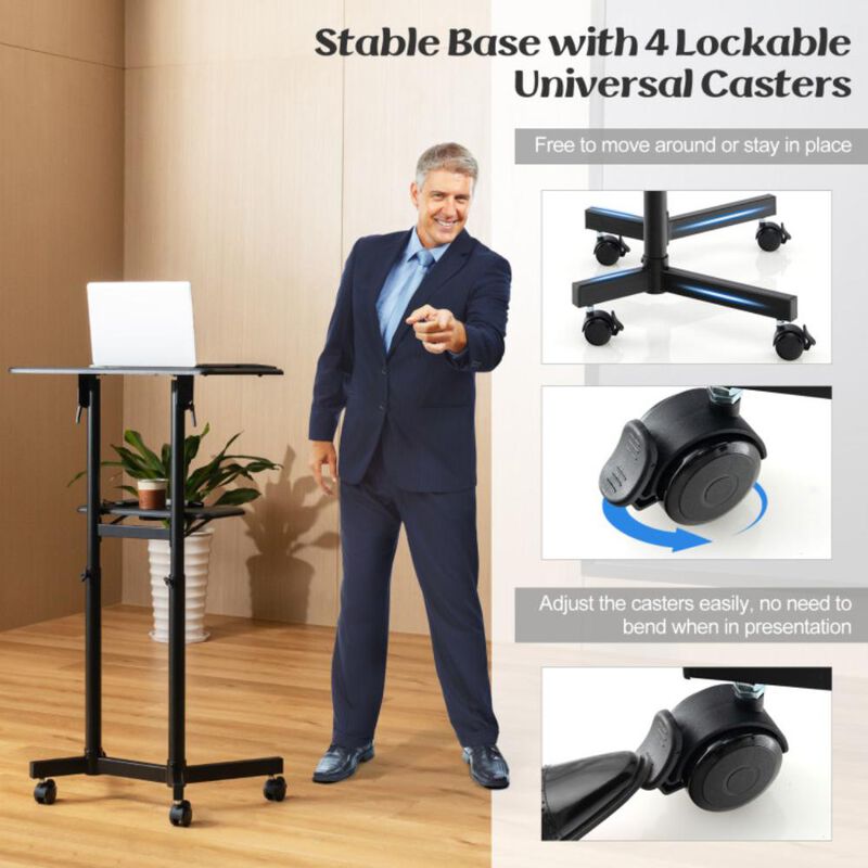 Hivvago Mobile Lectern Podium Height-adjustable Rolling Laptop Cart with Tilting Top Storage Tray