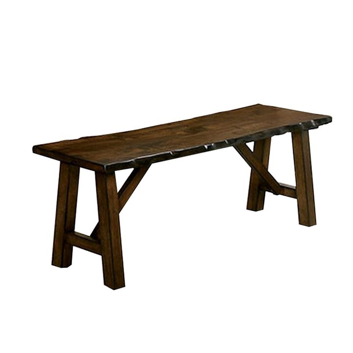 Naef 54 Inch Wood Dining Bench, Walnut Brown, Live Edges, Angled Legs -Benzara