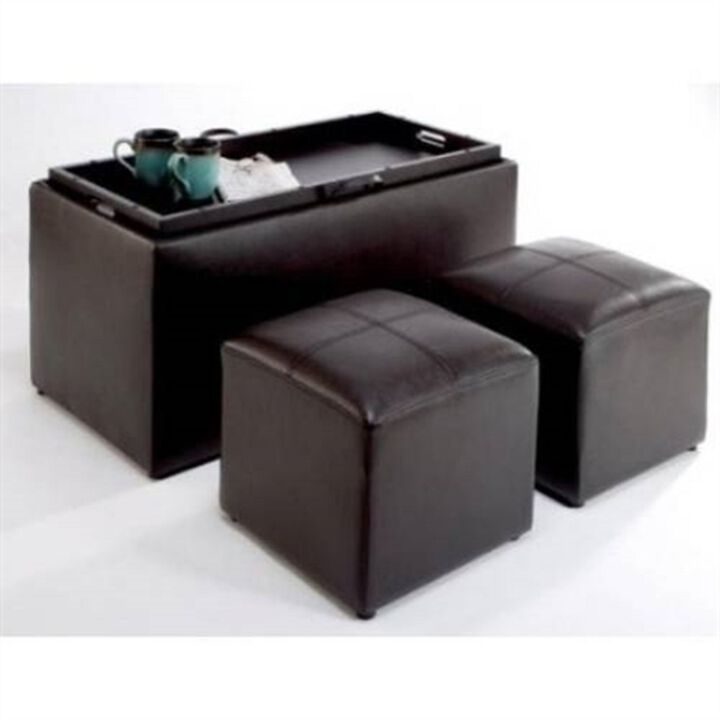 Storage Bench Coffee Table – Faux Leather with 2 Included Ottomans for Living Room