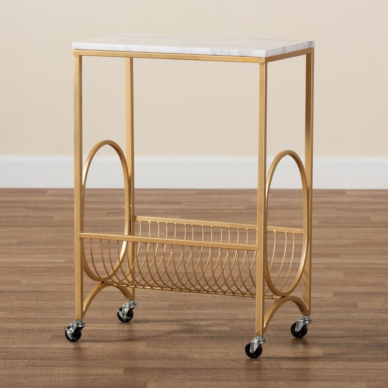 Baxton Studio Jacek Modern Gold Finished Metal Wine Cart with Marble Tabletop