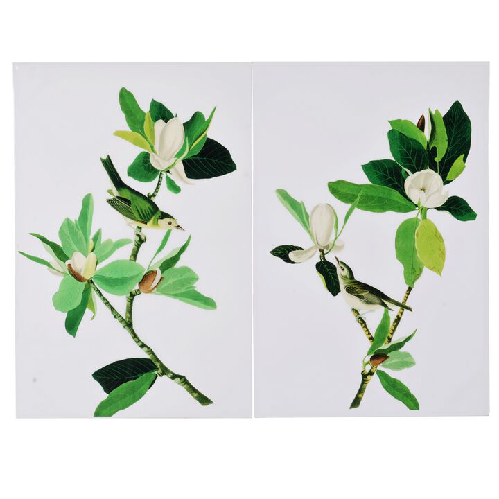 Magnolia Blooms Wall Art On Wooden Base, Multicolor, Set of 2-Benzara