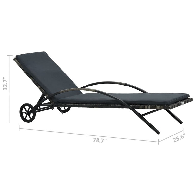 Sun Chaise Lounger with Cushion, 79 Inch, Wheels, Gray Poly Rattan - Benzara