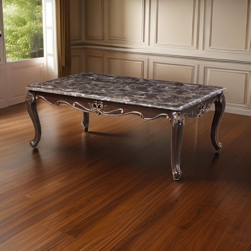 Cona 54 Inch Cocktail Coffee Table, Carved Gold Accent, Cherry Brown, Gray - Benzara