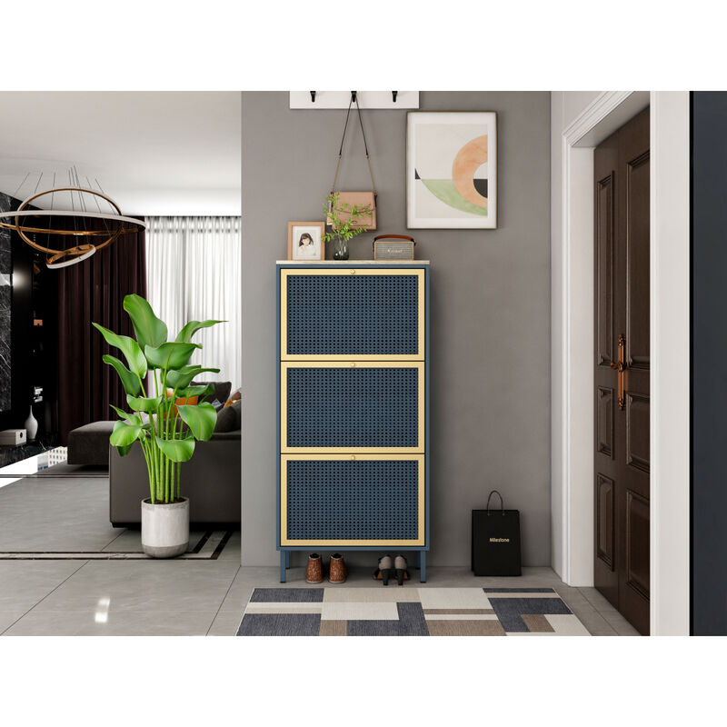 3 Metal Door Shoe Rack, Freestanding Modern Shoe Storage Cabinet, Metal Rattan, For Entryway
