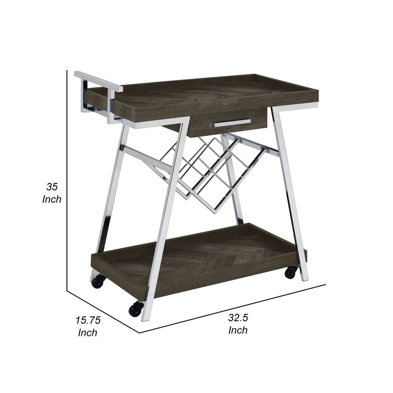 Kne 35 Inch Rolling Bar Cart, 2 Tier with Drawer, Stand, Black Wood, Chrome - Benzara
