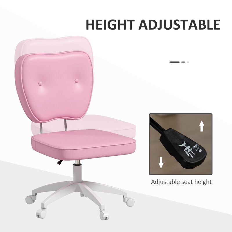 Vinsetto Cute Armless Office Chair, Small PU Leather Computer Desk Chair, Vanity Task Chair with Adjustable Height, Swivel Wheels, Mid Back, Pink