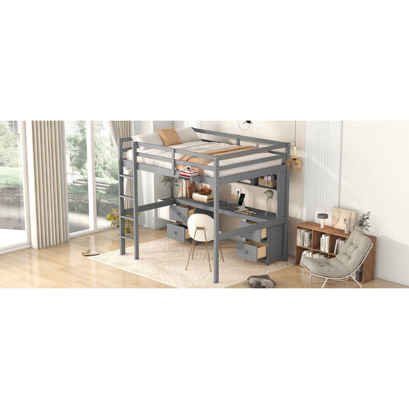 Full Size Loft Bed With Desk, Cabinets, Drawers And Bedside Tray, Charging Station