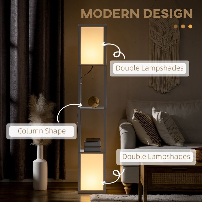 White Living Space Lighting: 2-Light Floor Lamp with Fabric Shade & Shelf