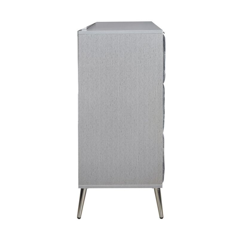 Benjara, Gray, Nickel Moko 58 Inch Wide Dresser, 6 Soft Upholstered Drawers