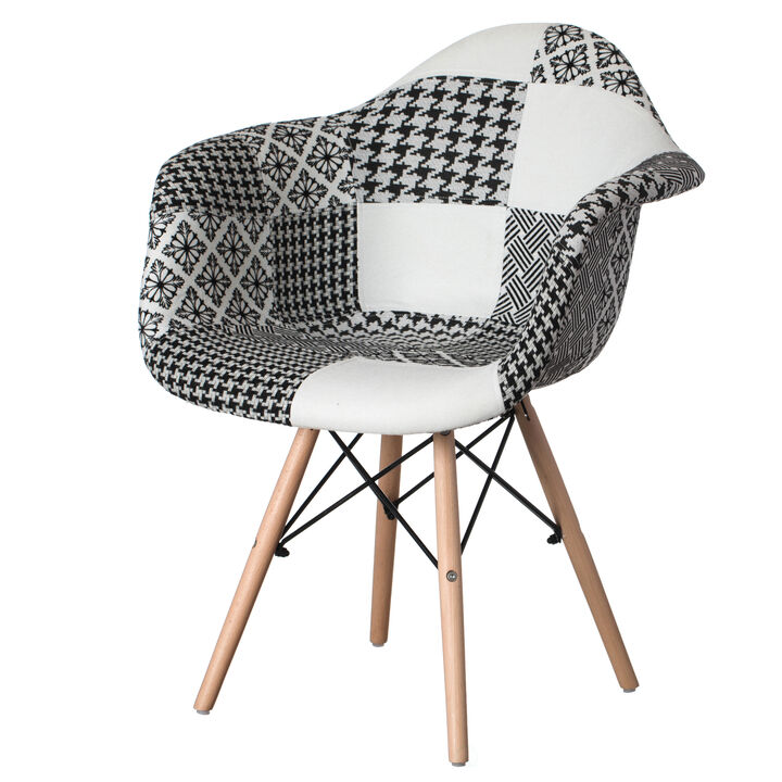 Mid-Century Modern Style Fabric Lined Armchair with Beech Wooden Legs, Black and White