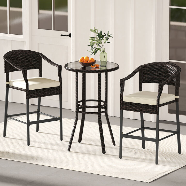 3-Piece Patio Rattan Bar Set with Tempered Glass Top for Backyard Poolside