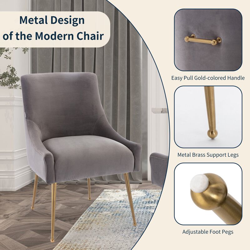 Grey Velvet Dg Chair with Pullg Handle and Adjustable Foot Nails(Set of 2)