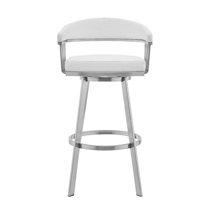 Swivel Barstool with Open Metal Frame and Slatted Arms, White and Silver-Benzara