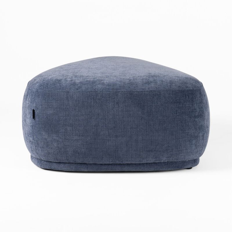 Reno Kini 44 Inch Ottoman, River Rock Shape, Blue Polyester, Wood Frame - Benzara