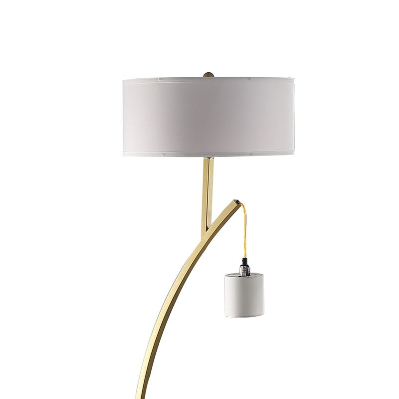 Benjara Table Jiya 59 Inch Arc Floor Lamp, Hanging Design, 2 Drum Shades, Gold and White
