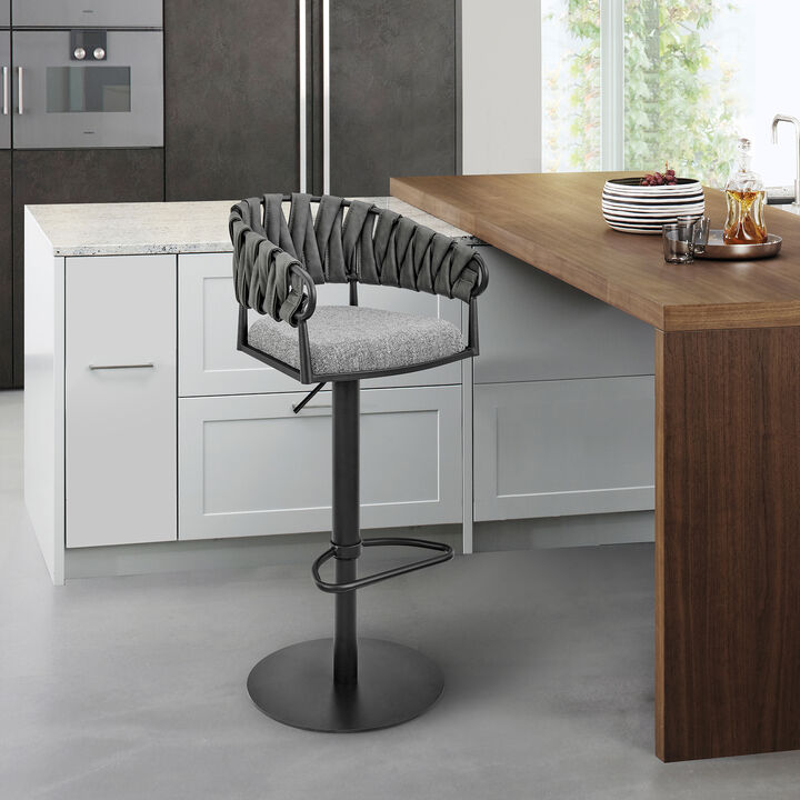 Silabe Adjustable or Stool in Black Metal with Grey Fabric and Faux Leather