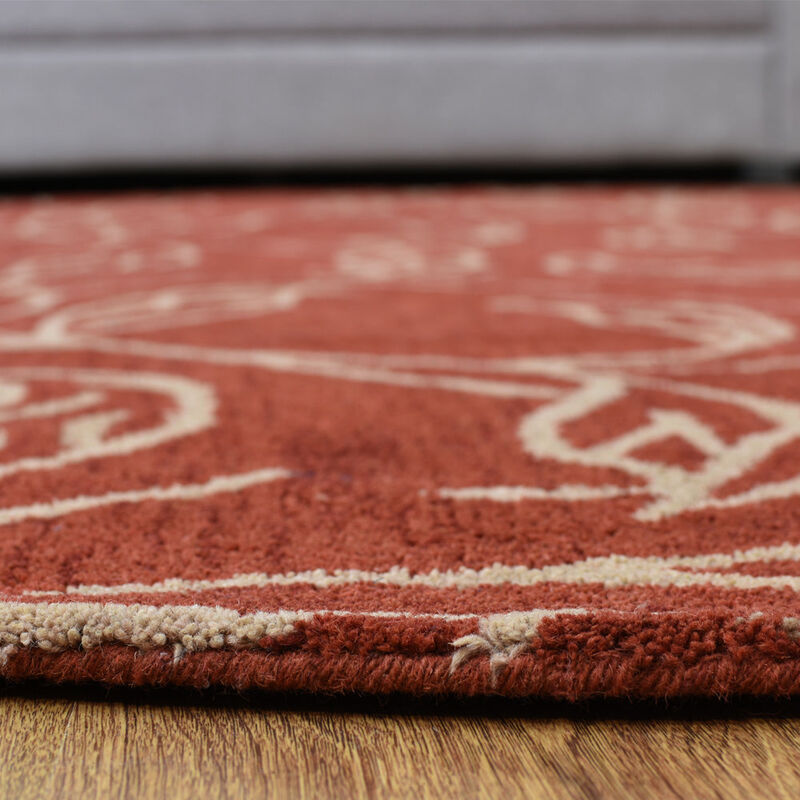 RUGSOTIC CARPETS HAND TUFTED WOOL ECO-FRIENDLY AREA RUGS  - 8'x8', Round Shape, Red & Beige, Floral Modern Design, High Pile Thick Handmade Anti Skid Area Rugs for Living Room, Bed Room (K00726)